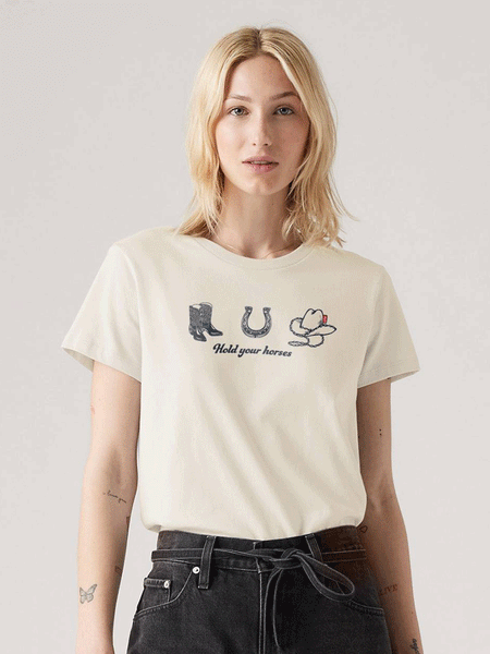 Levis 173693057 Womens Hold Your Horses Perfect T-Shirt Egret Beige front view.If you need any assistance with this item or the purchase of this item please call us at five six one seven four eight eight eight zero one Monday through Saturday 10:00a.m EST to 8:00 p.m EST