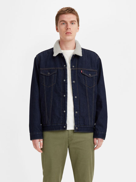 Levis 163650075 Mens Type 3 Sherpa Trucker Jacket Dark Wash front view. If you need any assistance with this item or the purchase of this item please call us at five six one seven four eight eight eight zero one Monday through Saturday 10:00a.m EST to 8:00 p.m EST