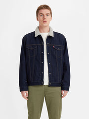 Levis 163650075 Mens Type 3 Sherpa Trucker Jacket Dark Wash front view. If you need any assistance with this item or the purchase of this item please call us at five six one seven four eight eight eight zero one Monday through Saturday 10:00a.m EST to 8:00 p.m EST