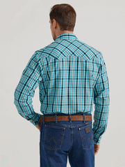 Wrangler 112330775 Mens Long Sleeve Modern Fit Shirt Enamel Blue back view. If you need any assistance with this item or the purchase of this item please call us at five six one seven four eight eight eight zero one Monday through Saturday 10:00a.m EST to 8:00 p.m EST