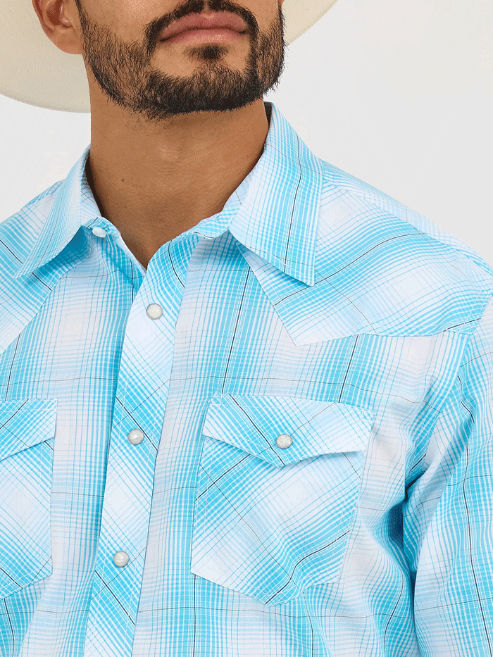 Wrangler 112365392 Mens 20X Competition Advanced Comfort Western Shirt Bright Sky Plaid front view. If you need any assistance with this item or the purchase of this item please call us at five six one seven four eight eight eight zero one Monday through Saturday 10:00a.m EST to 8:00 p.m EST

