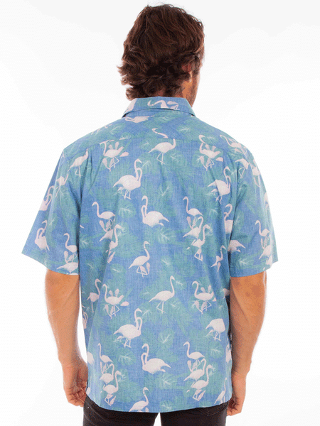 Scully 5350-CAP Mens Flamingo Hawaiian Shirt Capri Blue back view. If you need any assistance with this item or the purchase of this item please call us at five six one seven four eight eight eight zero one Monday through Saturday 10:00a.m EST to 8:00 p.m EST