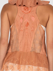 Miss Me MJ0629T Womens Ruffled Vest Jacket Orange close up view of back. If you need any assistance with this item or the purchase of this item please call us at five six one seven four eight eight eight zero one Monday through Saturday 10:00a.m EST to 8:00 p.m EST