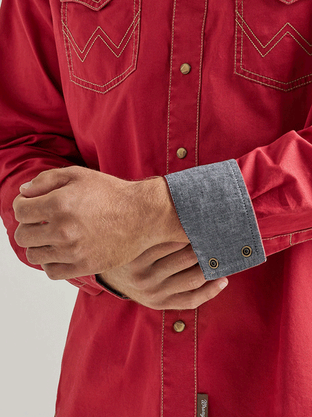 Wrangler 112338147 Mens Retro Premium Long Sleeve Shirt Chili Red contrast cuff view. If you need any assistance with this item or the purchase of this item please call us at five six one seven four eight eight eight zero one Monday through Saturday 10:00a.m EST to 8:00 p.m EST