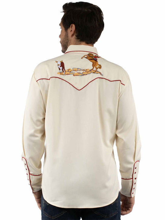 Scully P-928 Mens Cattle Roper Embroidered Western Shirt Cream back view. If you need any assistance with this item or the purchase of this item please call us at five six one seven four eight eight eight zero one Monday through Saturday 10:00a.m EST to 8:00 p.m EST