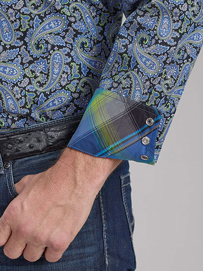 Roper 03-001-0225-1010 Mens Amarillo Collection All Over Print Snap Shirt Blue front view. If you need any assistance with this item or the purchase of this item please call us at five six one seven four eight eight eight zero one Monday through Saturday 10:00a.m EST to 8:00 p.m EST