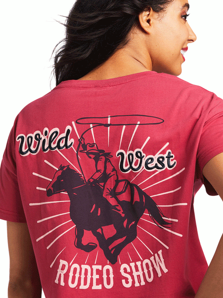 Ariat 10039830 Womens Rodeo Show Tee Red Bud back design close up view. If you need any assistance with this item or the purchase of this item please call us at five six one seven four eight eight eight zero one Monday through Saturday 10:00a.m EST to 8:00 p.m EST