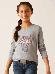 Ariat 10047411 Kids Fawna Long Sleeve T-Shirt Heather Grey front view. If you need any assistance with this item or the purchase of this item please call us at five six one seven four eight eight eight zero one Monday through Saturday 10:00a.m EST to 8:00 p.m EST