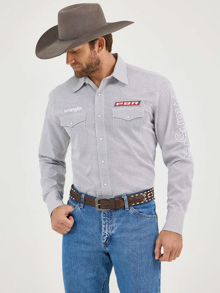 Wrangler 112359482 Mens PBR Long Sleeve Logo Shirt Cloudy Diamonds Grey front view. If you need any assistance with this item or the purchase of this item please call us at five six one seven four eight eight eight zero one Monday through Saturday 10:00a.m EST to 8:00 p.m EST