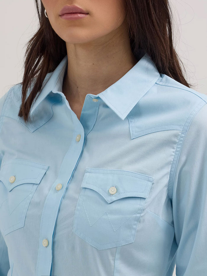 Wrangler 112358015 Womens Western Button Down Shirt Blue front view. If you need any assistance with this item or the purchase of this item please call us at five six one seven four eight eight eight zero one Monday through Saturday 10:00a.m EST to 8:00 p.m EST