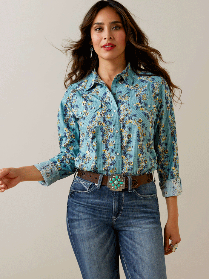 Ariat 10044873 Womens Annette Printed Shirt Turquoise front view. If you need any assistance with this item or the purchase of this item please call us at five six one seven four eight eight eight zero one Monday through Saturday 10:00a.m EST to 8:00 p.m EST