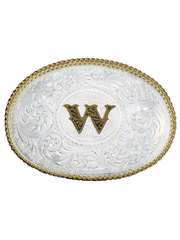 Montana Silversmiths 700 Initial Silver Engraved Gold Trim Western Belt Buckle letter W front view. If you need any assistance with this item or the purchase of this item please call us at five six one seven four eight eight eight zero one Monday through Saturday 10:00a.m EST to 8:00 p.m EST