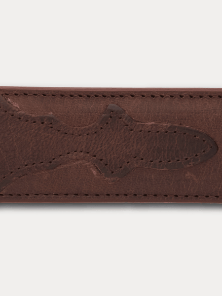 Lucchese W2251 Mens Smooth Goat Western Belt Chocolate billet close up. If you need any assistance with this item or the purchase of this item please call us at five six one seven four eight eight eight zero one Monday through Saturday 10:00a.m EST to 8:00 p.m EST