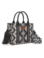 Wrangler WG2213-8120SBK Womens Southwestern Pattern Dual Sided Print Tote Crossbody Bag Black front and side view. If you need any assistance with this item or the purchase of this item please call us at five six one seven four eight eight eight zero one Monday through Saturday 10:00a.m EST to 8:00 p.m EST

