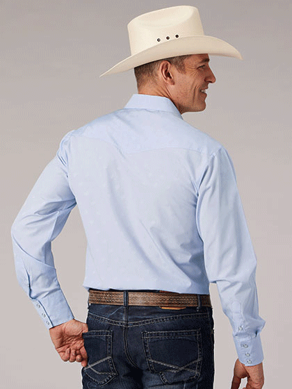 Roper 01-001-0145-0414 Mens Long Sleeve Tone On Tone Western Shirt Light Blue back view. If you need any assistance with this item or the purchase of this item please call us at five six one seven four eight eight eight zero one Monday through Saturday 10:00a.m EST to 8:00 p.m EST