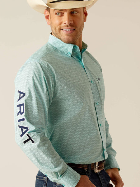 Ariat 10048394 Mens Team Gian Classic Fit Shirt Light Aqua sleeve view. If you need any assistance with this item or the purchase of this item please call us at five six one seven four eight eight eight zero one Monday through Saturday 10:00a.m EST to 8:00 p.m EST