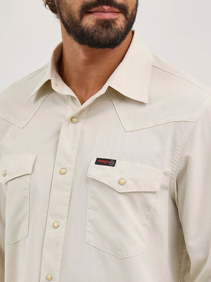 Wrangler 112360557 Mens ATG™ Drover Utility Shirt Pelican Beige front view. If you need any assistance with this item or the purchase of this item please call us at five six one seven four eight eight eight zero one Monday through Saturday 10:00a.m EST to 8:00 p.m EST 