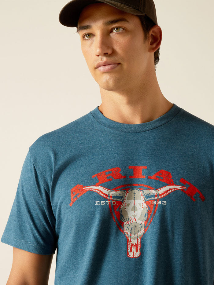 Ariat 10051392 Mens Abilene Skull T-Shirt Steel Blue Heather front view. If you need any assistance with this item or the purchase of this item please call us at five six one seven four eight eight eight zero one Monday through Saturday 10:00a.m EST to 8:00 p.m EST
