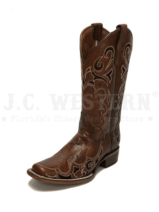 Circle G L5557 Ladies Embroidery Square Toe Boot Brown front and side view.If you need any assistance with this item or the purchase of this item please call us at five six one seven four eight eight eight zero one Monday through Saturday 10:00a.m EST to 8:00 p.m EST