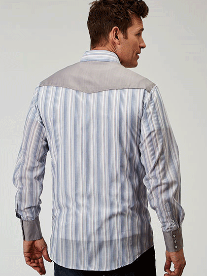 Roper 01-001-0087-0366 Mens Long Sleeve Western Stripe Shirt Blue back view. If you need any assistance with this item or the purchase of this item please call us at five six one seven four eight eight eight zero one Monday through Saturday 10:00a.m EST to 8:00 p.m EST