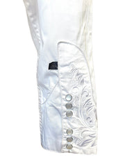 Rockmount 7859-WHT Women's Vintage Tooling Embroidered Western Shirt White cuff close up. If you need any assistance with this item or the purchase of this item please call us at five six one seven four eight eight eight zero one Monday through Saturday 10:00a.m EST to 8:00 p.m EST