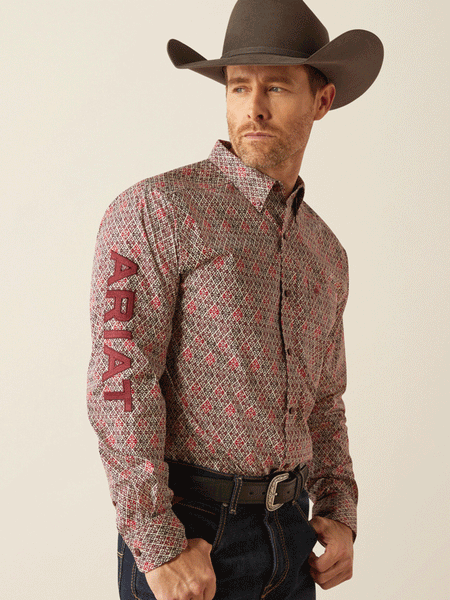 Ariat 10054053 Mens Team Omega Fitted Shirt Burgundy front view. If you need any assistance with this item or the purchase of this item please call us at five six one seven four eight eight eight zero one Monday through Saturday 10:00a.m EST to 8:00 p.m EST