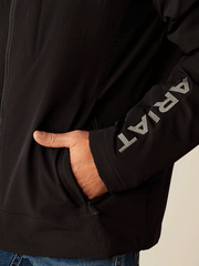 Ariat 10051991 Mens Pioneer StretchShell Jacket Black pocket and sleeve close up view. If you need any assistance with this item or the purchase of this item please call us at five six one seven four eight eight eight zero one Monday through Saturday 10:00a.m EST to 8:00 p.m EST

