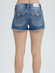 Miss Me M9660H Womens Mid-Rise Short Medium Wash Blue back view. If you need any assistance with this item or the purchase of this item please call us at five six one seven four eight eight eight zero one Monday through Saturday 10:00a.m EST to 8:00 p.m EST