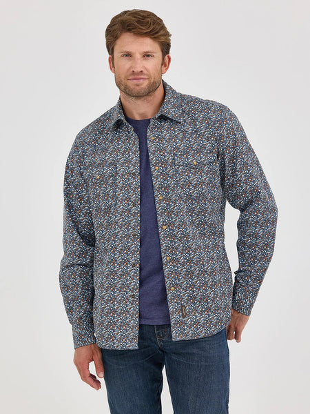 Wrangler 112368223 Mens Retro Premium Long Sleeve Western Snap Shirt Speckly Blue front view. If you need any assistance with this item or the purchase of this item please call us at five six one seven four eight eight eight zero one Monday through Saturday 10:00a.m EST to 8:00 p.m EST