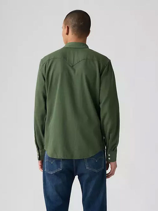 Wrangler 857450234 Mens Classic Denim Western Snap Shirt Green back view. If you need any assistance with this item or the purchase of this item please call us at five six one seven four eight eight eight zero one Monday through Saturday 10:00a.m EST to 8:00 p.m EST