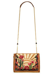 Mary Frances BAG S002-534 DESERT SUNRISE Crossbody Handbag Tan Multicolor hanging view. If you need any assistance with this item or the purchase of this item please call us at five six one seven four eight eight eight zero one Monday through Saturday 10:00a.m EST to 8:00 p.m EST
