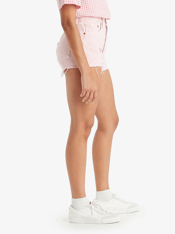Levi's 563270398 Womens 501 Original Shorts Pink front view on model. If you need any assistance with this item or the purchase of this item please call us at five six one seven four eight eight eight zero one Monday through Saturday 10:00a.m EST to 8:00 p.m EST