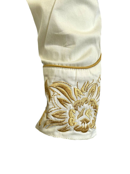 Rockmount 6859-IG Men's Vintage Tooling Embroidered Western Shirt Ivory Gold cuff close up. If you need any assistance with this item or the purchase of this item please call us at five six one seven four eight eight eight zero one Monday through Saturday 10:00a.m EST to 8:00 p.m EST