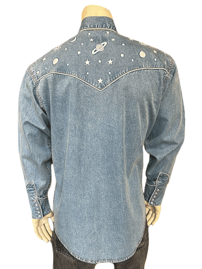 Rockmount 6814-DEN Mens Out of This World Embroidered Denim Western Shirt Light Blue front view. If you need any assistance with this item or the purchase of this item please call us at five six one seven four eight eight eight zero one Monday through Saturday 10:00a.m EST to 8:00 p.m EST

