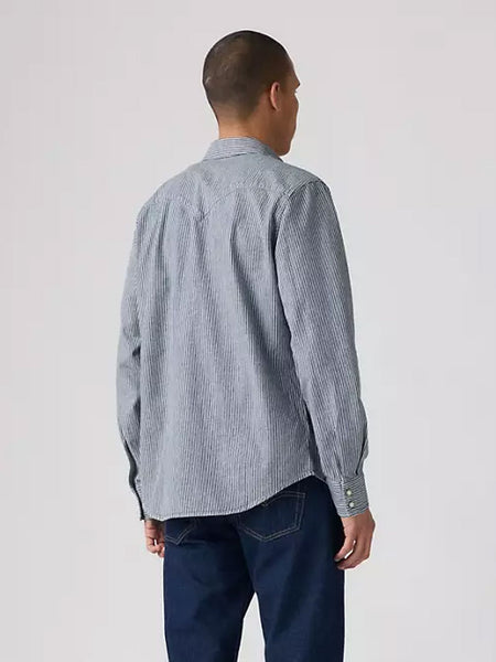 Levis 857450236 Mens Classic Standard Fit Western Shirt Roadtrip Stripes - Medium Wash back view. If you need any assistance with this item or the purchase of this item please call us at five six one seven four eight eight eight zero one Monday through Saturday 10:00a.m EST to 8:00 p.m EST