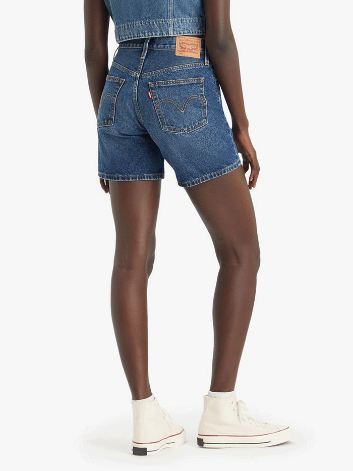 Levi's 858330056 Womens 501 Mid Thigh Denim Shorts Pleased To Meet You Denim front view. If you need any assistance with this item or the purchase of this item please call us at five six one seven four eight eight eight zero one Monday through Saturday 10:00a.m EST to 8:00 p.m EST