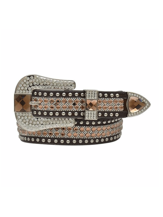 Angel Ranch DA1814 Womens Gator Print Crystal Mesh Inlay Belt Brown front view. If you need any assistance with this item or the purchase of this item please call us at five six one seven four eight eight eight zero one Monday through Saturday 10:00a.m EST to 8:00 p.m EST