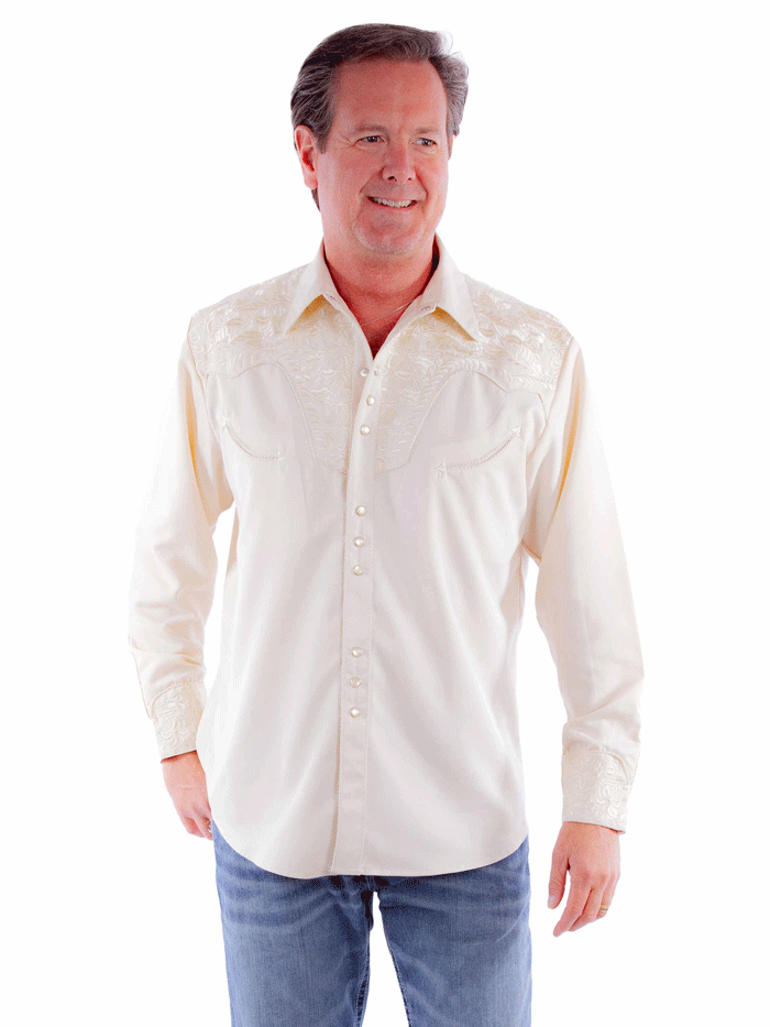 Scully P-634-IVO Mens Floral Tooled Embroidery Western Shirt Ivory front view. If you need any assistance with this item or the purchase of this item please call us at five six one seven four eight eight eight zero one Monday through Saturday 10:00a.m EST to 8:00 p.m EST