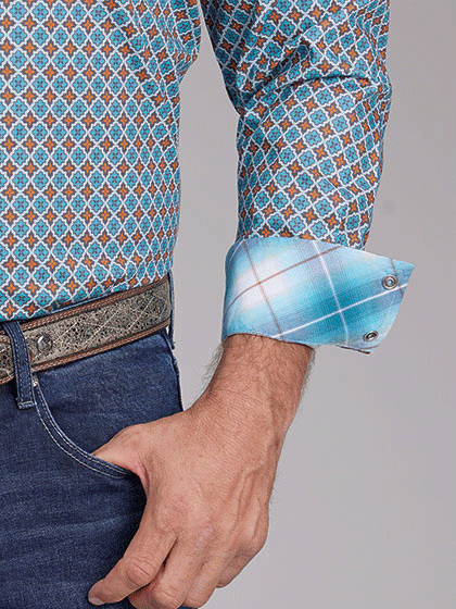 Roper 03-001-0225-3021 Mens Long Sleeve Allover Print Snap Shirt Turquoise Sunset cuff view. If you need any assistance with this item or the purchase of this item please call us at five six one seven four eight eight eight zero one Monday through Saturday 10:00a.m EST to 8:00 p.m EST