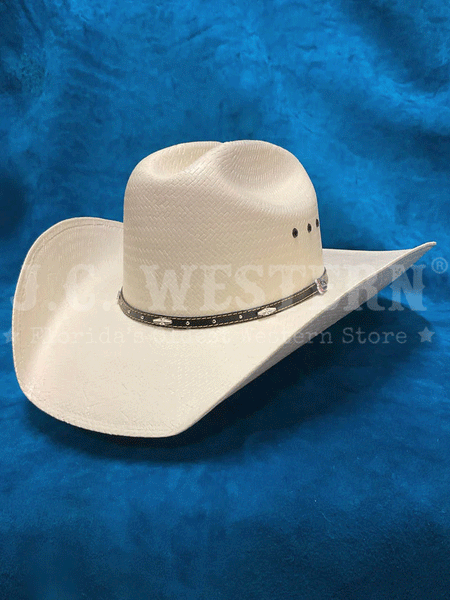 Justin JS1156BKHL4004 10X BLACK HILLS Straw Cowboy Hat Ivory side / front view. If you need any assistance with this item or the purchase of this item please call us at five six one seven four eight eight eight zero one Monday through Saturday 10:00a.m EST to 8:00 p.m EST