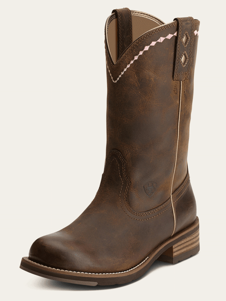 Ariat 10015374 Womens Unbridled Roper Western Boot Distressed Brown front and side view. If you need any assistance with this item or the purchase of this item please call us at five six one seven four eight eight eight zero one Monday through Saturday 10:00a.m EST to 8:00 p.m EST