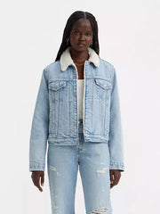 Levis 361360071 Womens Original Sherpa Trucker Jacket Medium Wash front view. If you need any assistance with this item or the purchase of this item please call us at five six one seven four eight eight eight zero one Monday through Saturday 10:00a.m EST to 8:00 p.m EST