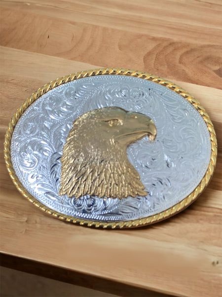 Western Edge 7700-01L Eagle Belt Buckle Gold And Silver front view. If you need any assistance with this item or the purchase of this item please call us at five six one seven four eight eight eight zero one Monday through Saturday 10:00a.m EST to 8:00 p.m EST