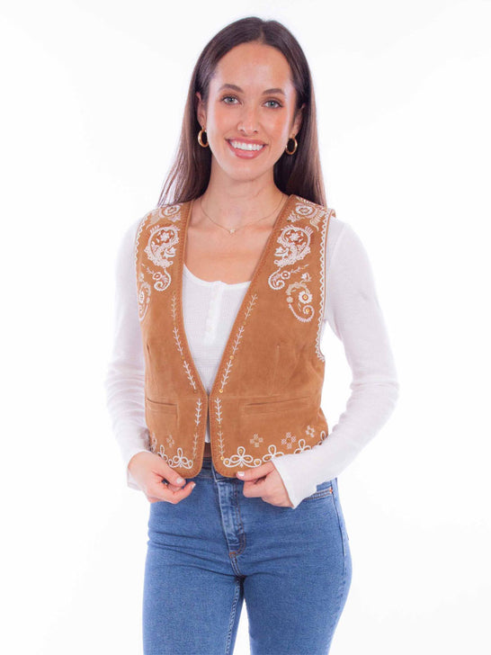 Scully L1113 Womens Embroidered Leather Vest Vin Rust Tan front view. If you need any assistance with this item or the purchase of this item please call us at five six one seven four eight eight eight zero one Monday through Saturday 10:00a.m EST to 8:00 p.m EST