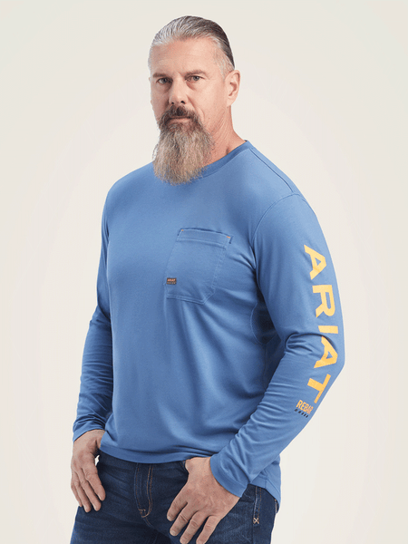 Ariat 10041535 Mens Rebar Workman Logo T-Shirt Navy Heather front view. If you need any assistance with this item or the purchase of this item please call us at five six one seven four eight eight eight zero one Monday through Saturday 10:00a.m EST to 8:00 p.m EST