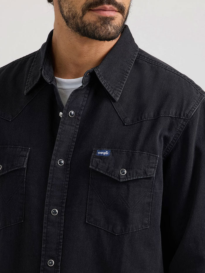 Wrangler 112361702 Mens Classic Denim Western Snap Shirt Black front view. If you need any assistance with this item or the purchase of this item please call us at five six one seven four eight eight eight zero one Monday through Saturday 10:00a.m EST to 8:00 p.m EST