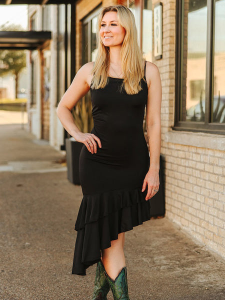 Lucky & Blessed DR646-BLK Womens Satin Ruffle Asymmetrical Dress Black front view. If you need any assistance with this item or the purchase of this item please call us at five six one seven four eight eight eight zero one Monday through Saturday 10:00a.m EST to 8:00 p.m EST
