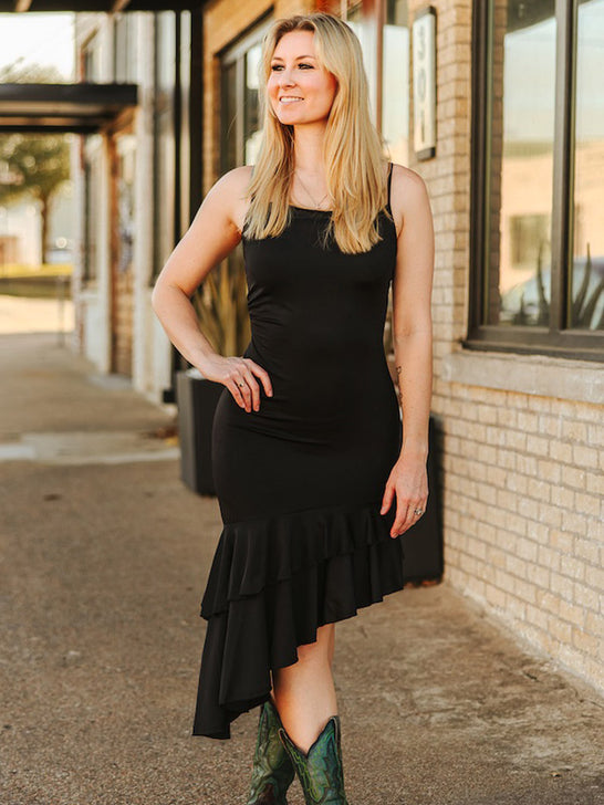 Lucky & Blessed DR646-BLK Womens Satin Ruffle Asymmetrical Dress Black front view. If you need any assistance with this item or the purchase of this item please call us at five six one seven four eight eight eight zero one Monday through Saturday 10:00a.m EST to 8:00 p.m EST
