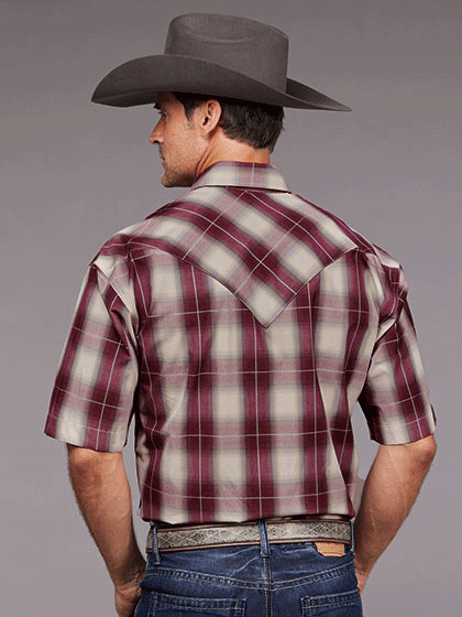 Stetson 11-002-0478-5025 Mens Short Sleeve Plaid Western Shirt Wine front view. If you need any assistance with this item or the purchase of this item please call us at five six one seven four eight eight eight zero one Monday through Saturday 10:00a.m EST to 8:00 p.m EST