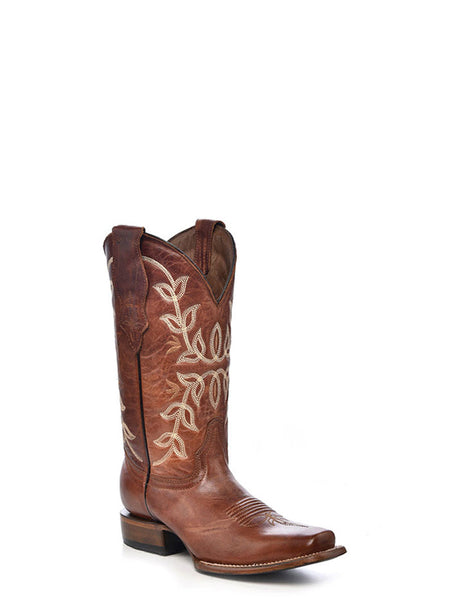 Circle G L2000 Ladies Floral Embroidery Square Toe Boot Cognac side / front view. If you need any assistance with this item or the purchase of this item please call us at five six one seven four eight eight eight zero one Monday through Saturday 10:00a.m EST to 8:00 p.m EST